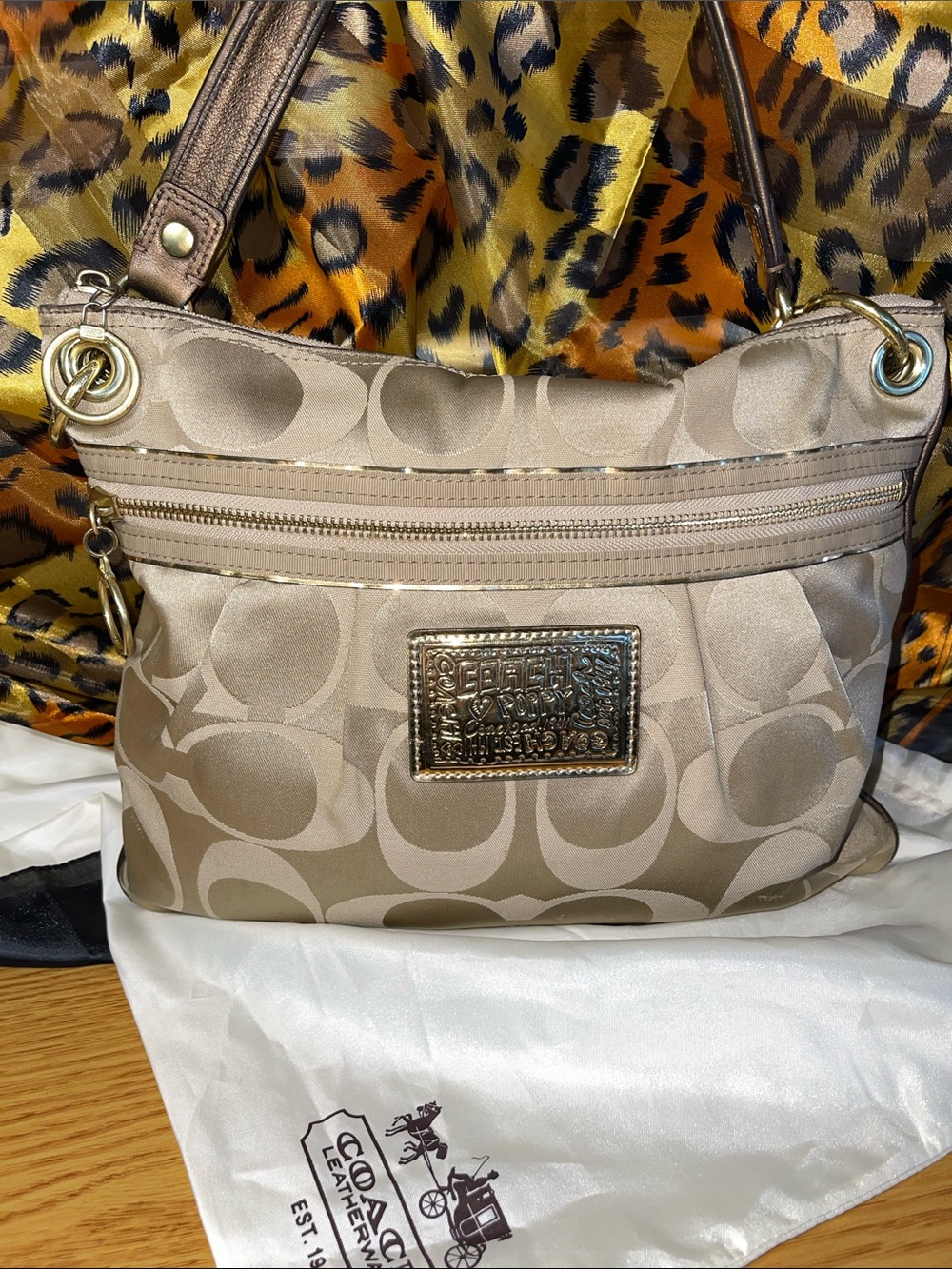 Coach Sateen Poppy Khaki Signature Shoulder Bag with beautiful gold trim!